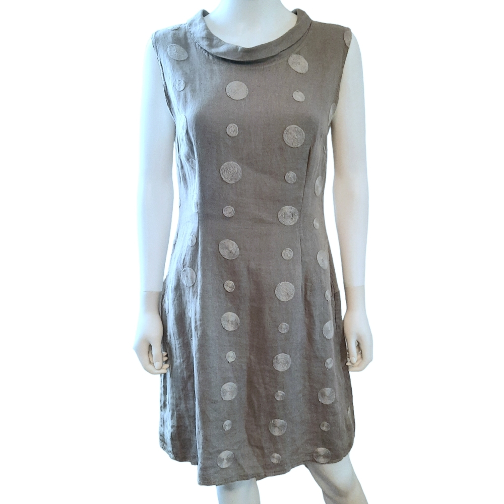 LINA TOMEI Sleeveless Embroidered Front Linen Rolled Collar Shift Dress S Gray